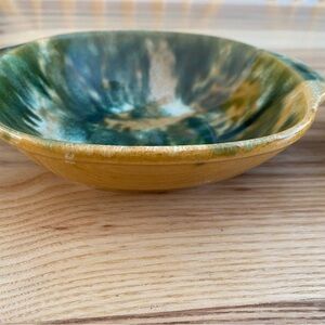 Artisan Ceramic Bowl with Green and Yellow Glaze